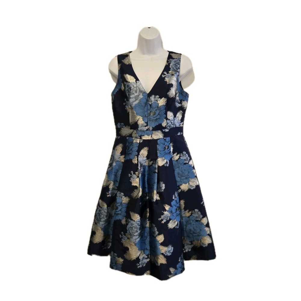 Eliza J Women's  A-line Dress Blue w/ Metallic Silver‎ and Blue Floral Pattern 8